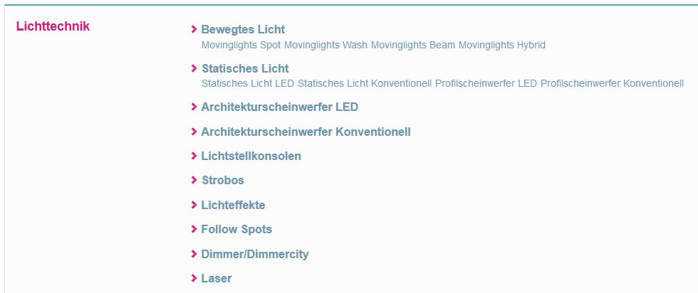 Lichttechnik und Unterkategorien